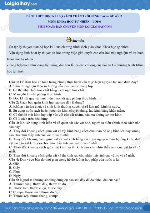 Đề thi học kì 1 KHTN 6 Chân trời sáng tạo - Đề số 12